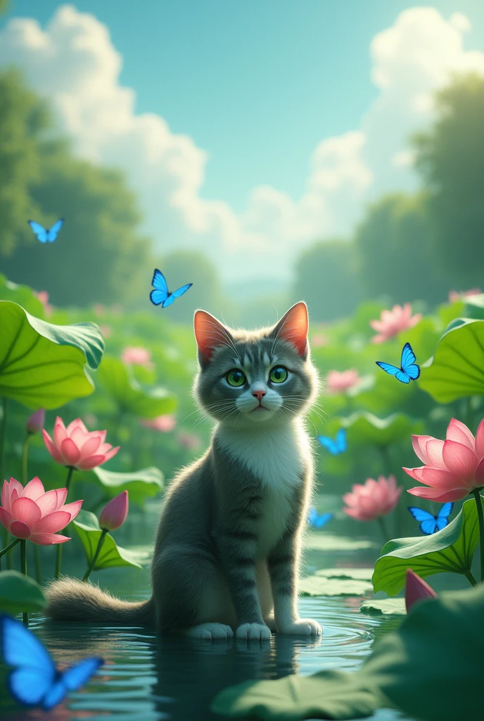 Lotus flower field and blue butterflies, rojas, green and a white cat with gray and green eyes, all realistic