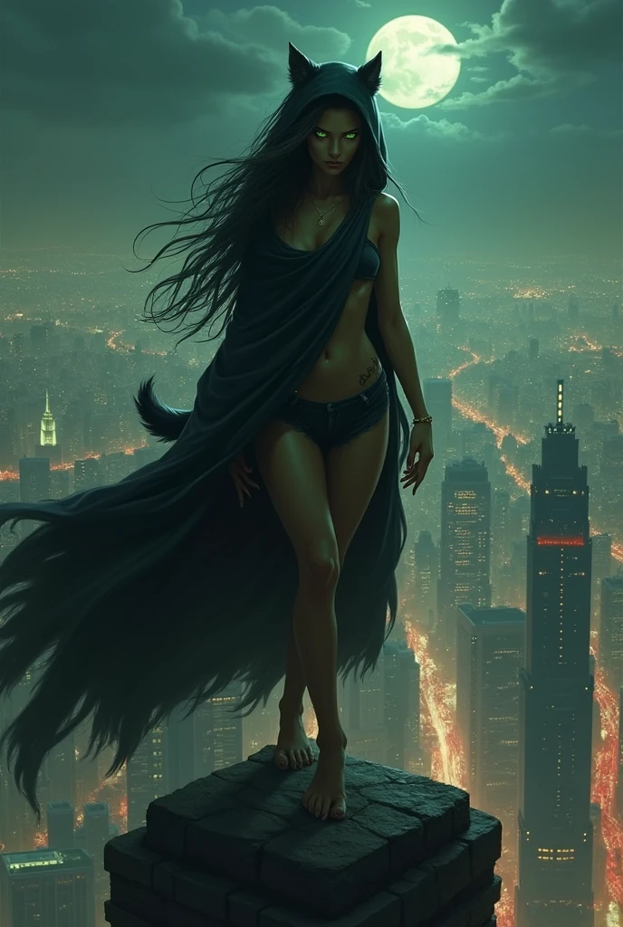 Wild woman in simple knee-length hippie dress,  wearing a black hooded robe, your hair comes out in front.  She has greenish-yellow eyes and sharp claws and a wolf&#39;s tail.. Standing in fighting pose, looking at the city at night from the top of the building 
