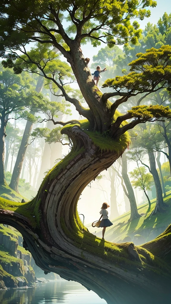 Create an image featuring a surreal landscape. In the center, there is a large, lush green tree with a dense canopy shaped like an umbrella. This tree is perched atop a curved, towering piece of land that resembles a broken tree trunk. Below the trunk piece, on the ground, there is a small wooden boat resting on what appears to be water or another reflective surface. Attached to the top of the curved land piece is a rope that extends downward. At the end of this rope, there is a figure climbing towards the tree. The background has a gradient of warm tones giving an overall dreamlike and serene atmosphere to the scene.