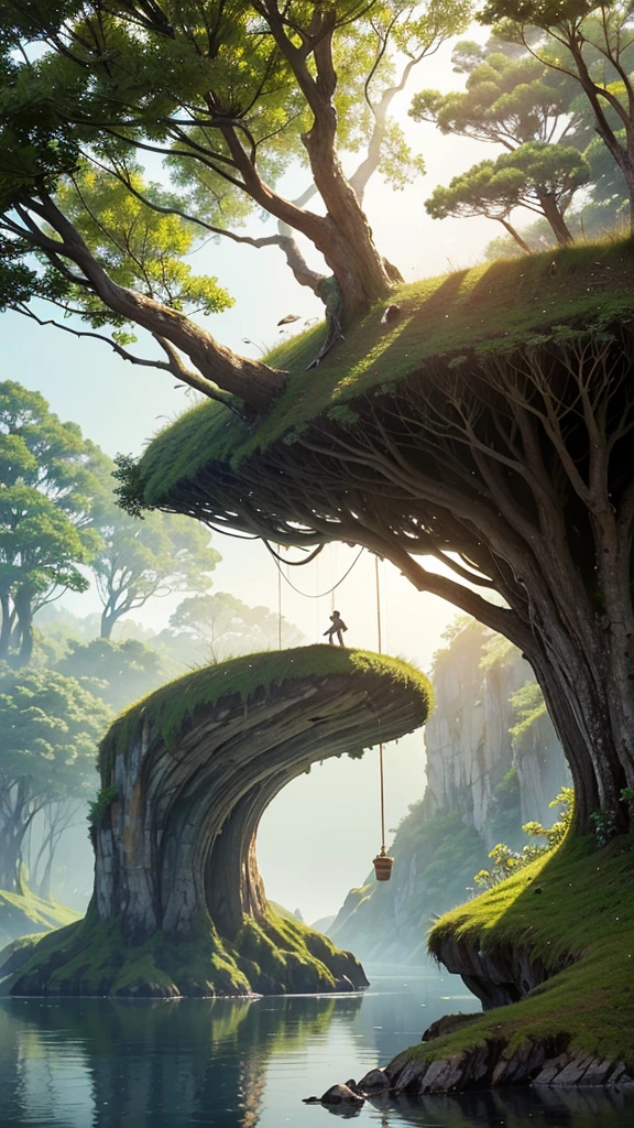 Create an image featuring a surreal landscape. In the center, there is a large, lush green tree with a dense canopy shaped like an umbrella. This tree is perched atop a curved, towering piece of land that resembles a broken tree trunk. Below the trunk piece, on the ground, there is a small wooden boat resting on what appears to be water or another reflective surface. Attached to the top of the curved land piece is a rope that extends downward. At the end of this rope, there is a figure climbing towards the tree. The background has a gradient of warm tones giving an overall dreamlike and serene atmosphere to the scene.