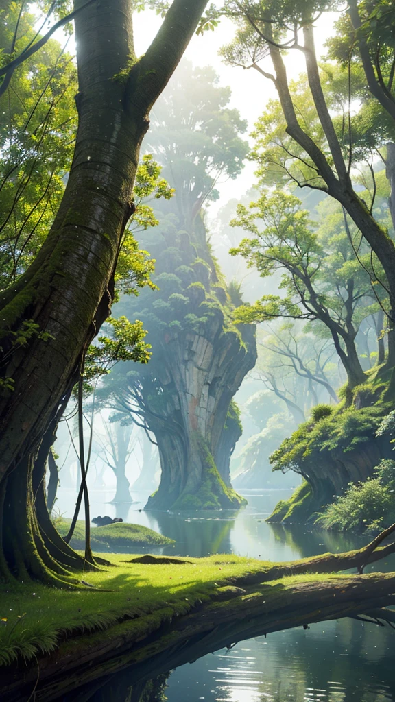 Create an image featuring a surreal landscape. In the center, there is a large, lush green tree with a dense canopy shaped like an umbrella. This tree is perched atop a curved, towering piece of land that resembles a broken tree trunk. Below the trunk piece, on the ground, there is a small wooden boat resting on what appears to be water or another reflective surface. Attached to the top of the curved land piece is a rope that extends downward. At the end of this rope, there is a figure climbing towards the tree. The background has a gradient of warm tones giving an overall dreamlike and serene atmosphere to the scene.