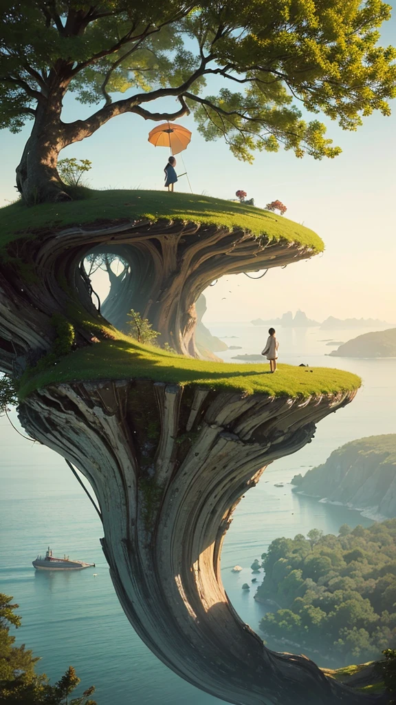 Create an image featuring a surreal landscape. In the center, there is a large, lush green tree with a dense canopy shaped like an umbrella. This tree is perched atop a curved, towering piece of land that resembles a broken tree trunk. Below the trunk piece, on the ground, there is a small wooden boat resting on what appears to be water or another reflective surface. Attached to the top of the curved land piece is a rope that extends downward. At the end of this rope, there is a figure climbing towards the tree. The background has a gradient of warm tones giving an overall dreamlike and serene atmosphere to the scene.