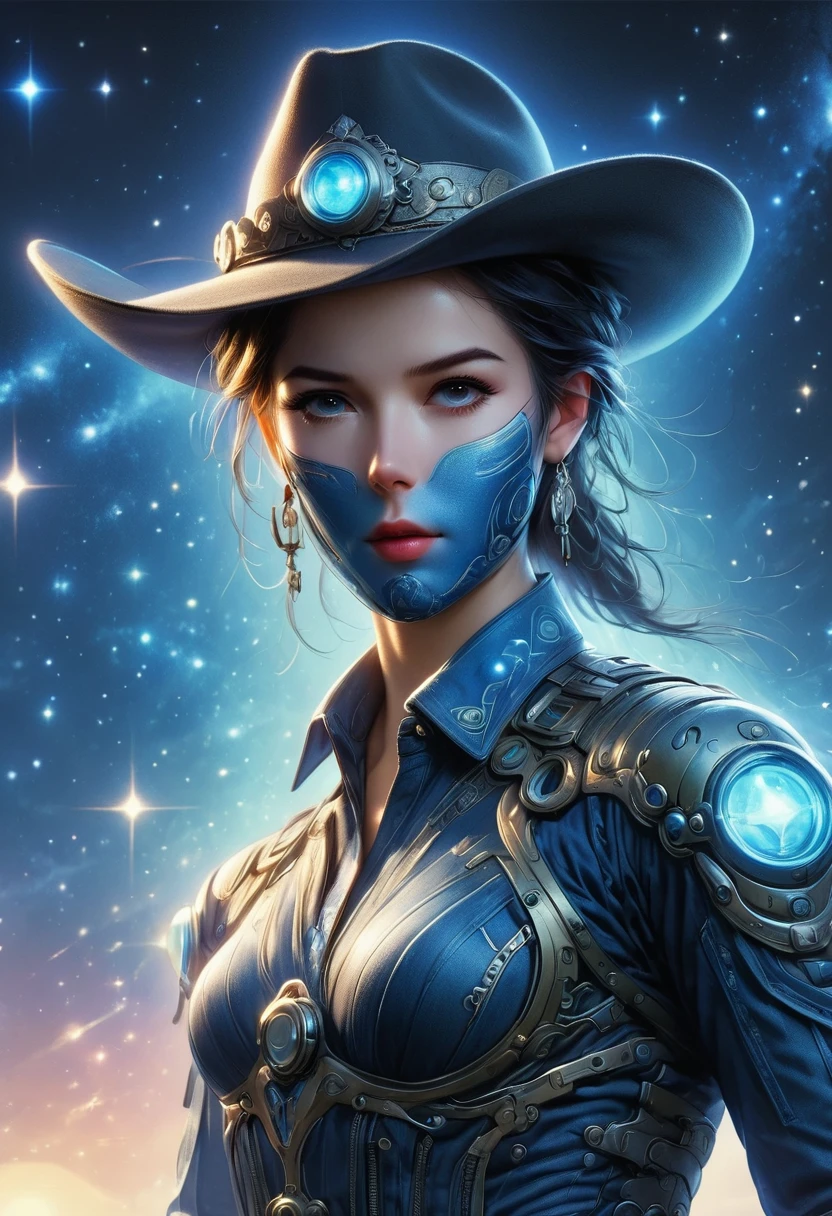Alien wearing denim suit on alien spaceship,Wear a stylish cowboy hat,Futuristic starry sky background,Alien Technology,Mechanical Cowboy,Mechanical spaceship