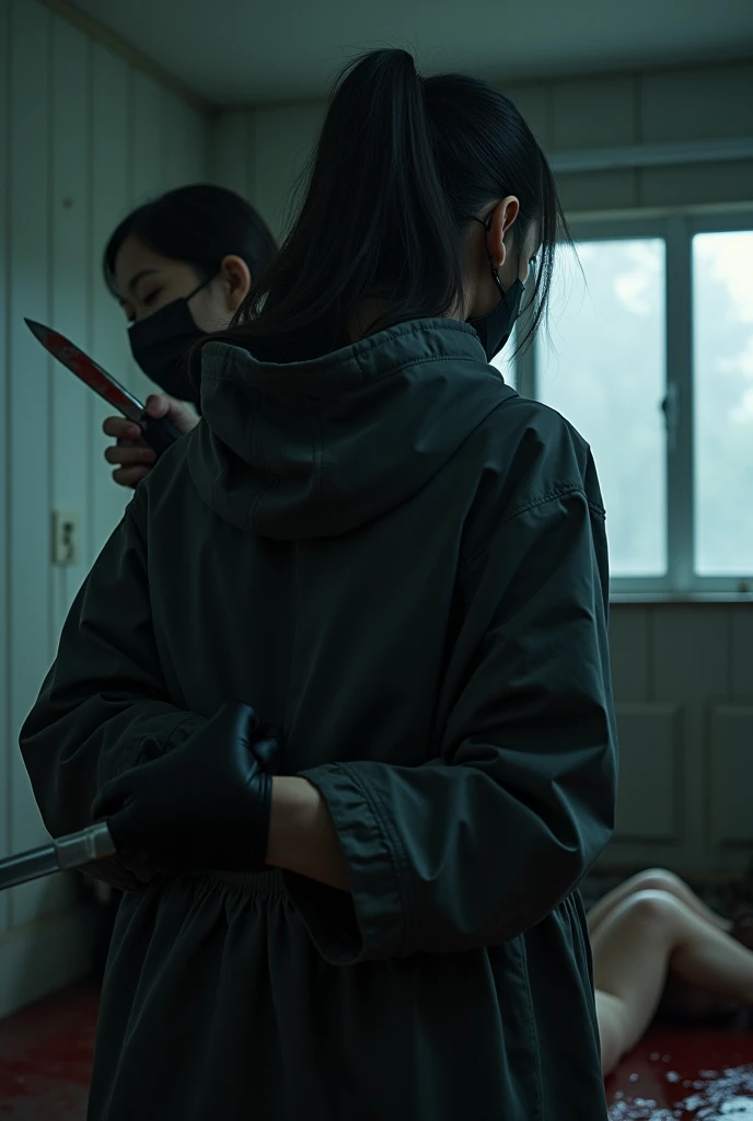 korean girl, (behind stiff, holding knife), stabbing, black surgical mask, black gloves, black raincoat, trucker hat, holding knife, black gloves, woman on top, behind cadaver, blood splatter, torture, mass murderer, killer, low ponytail, blood splatter, dark atmosphere, cinematic lighting, atmospheric realistic, light from the window,