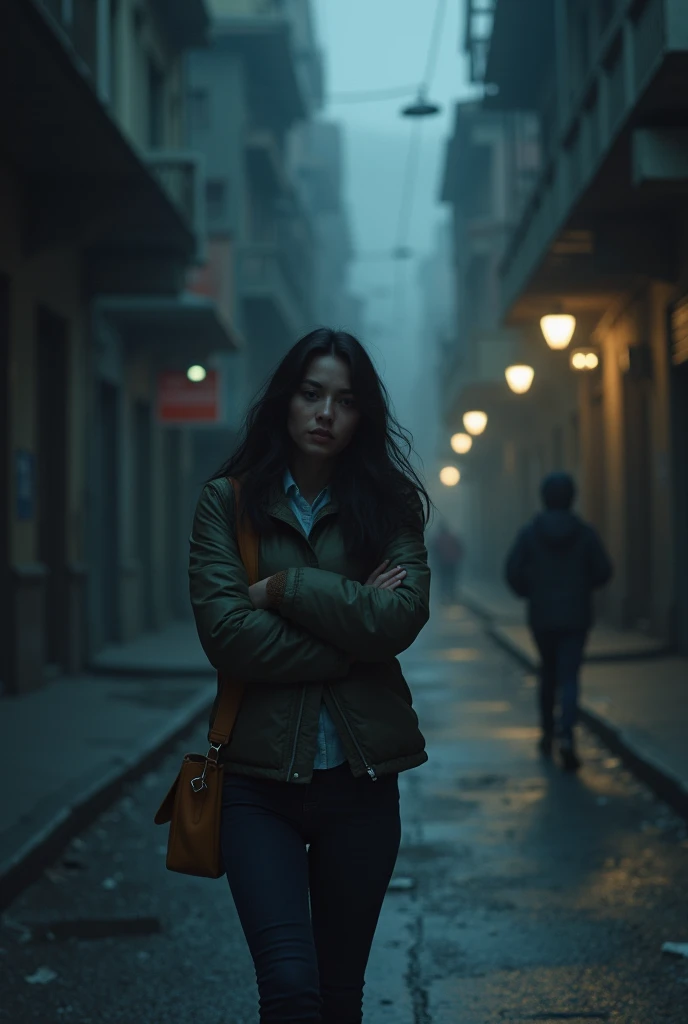 It shows an 18-year-old woman walking alone on a dark and deserted street in the city of La Paz. (Bolivia), She is nervous looking around