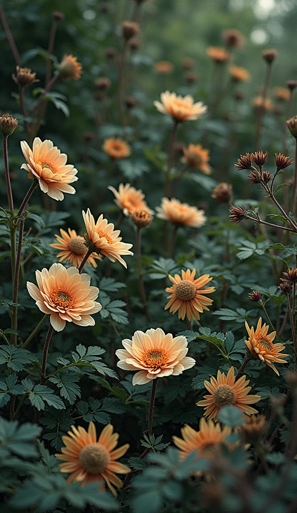 A section of the garden where the flowers are visibly wilting and drooping, with their leaves turning brown. The once-vibrant colors are fading, and the scene contrasts sharply with the surrounding healthy plants.