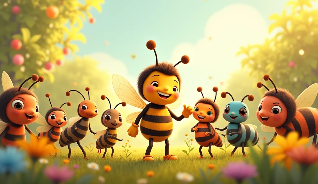 Create an illustration that depicts Benny, a small, heroic bee, standing proudly with a group of diverse, supportive insects—such as ants, butterflies, and ladybugs—around him. Benny should have a confident, happy expression, while the other insects look joyful and appreciative. The background should feature a vibrant meadow with flowers, emphasizing the teamwork and courage that led to their success. Include visual elements that highlight their collaborative efforts, like a beehive or a shared victory celebration. The scene should radiate warmth, unity, and the spirit of teamwork, capturing the essence of their collective achievement.