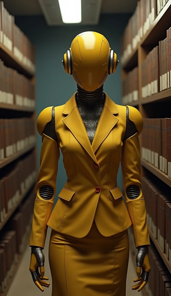 robot body, female, robot mask, librarian, Robot Color Yellow and Brown, Use fist lighting, female Hair, librarian clothes