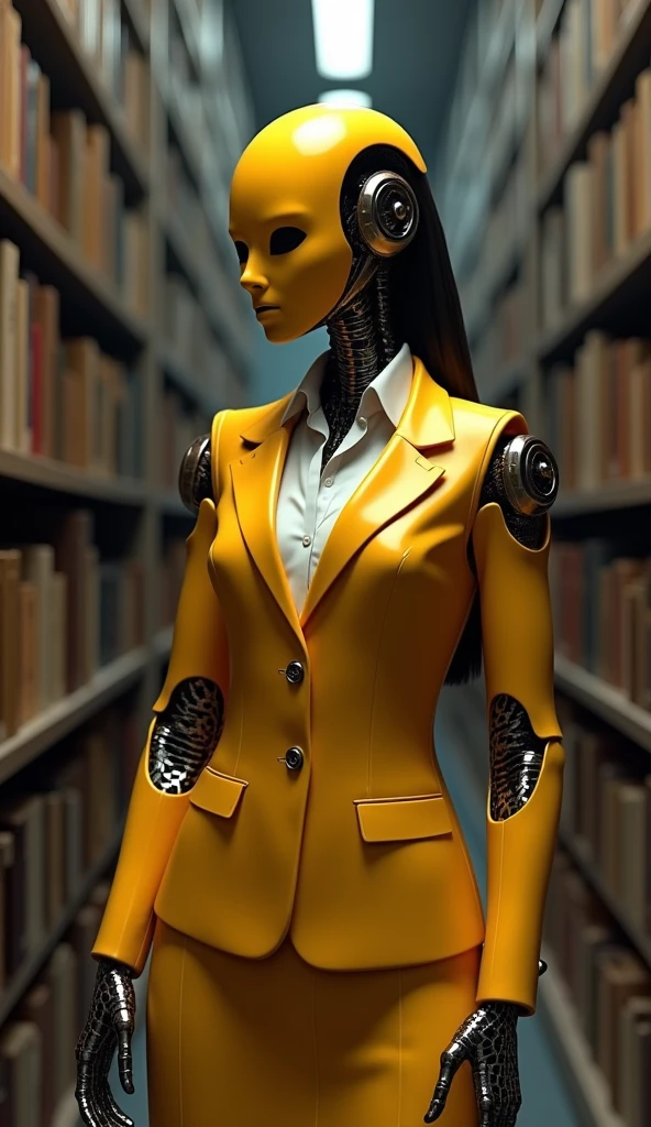 robot body, female, robot mask, librarian, Robot Color Yellow and Brown, Use fist lighting, female Hair, librarian clothes