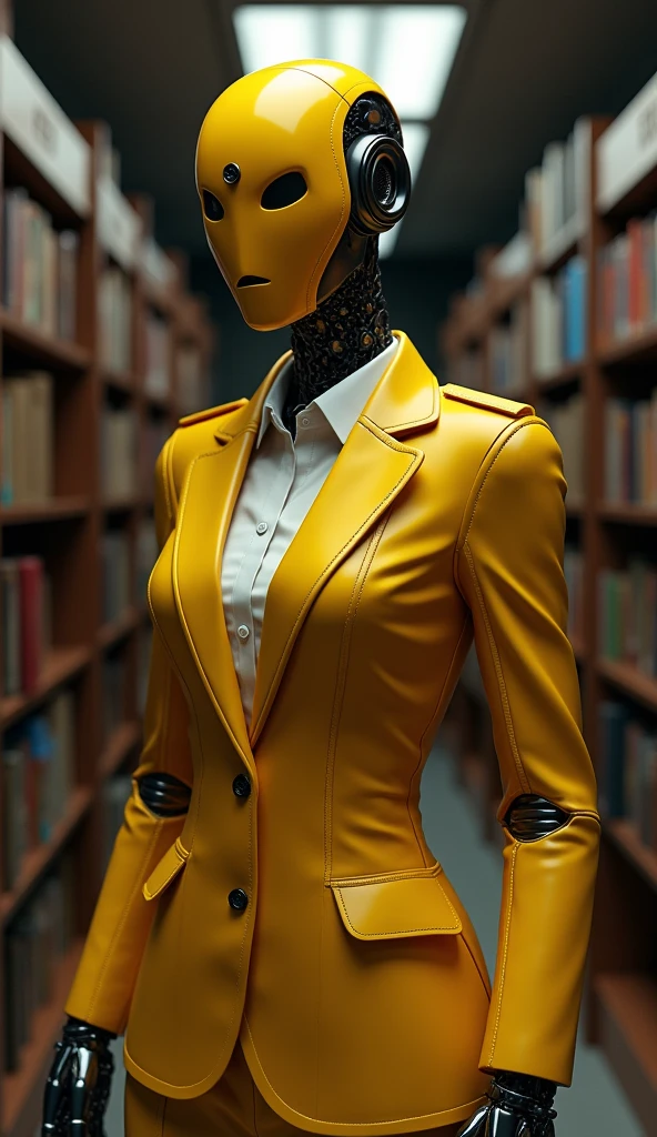 robot body, female, robot mask, librarian, Robot Color Yellow and Brown, Use fist lighting, female Hair, librarian clothes