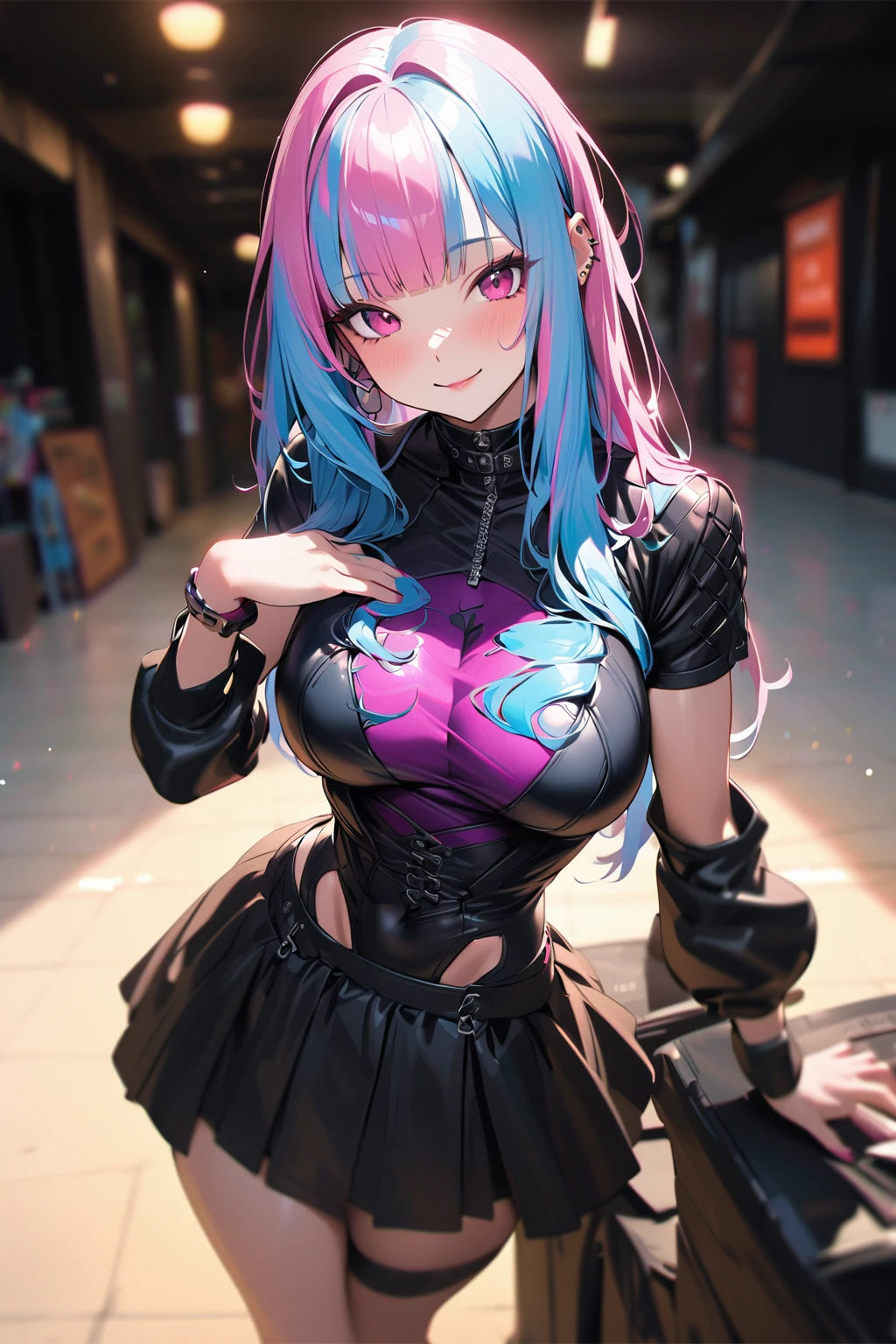 From above、Best Quality, masutepiece, photo of an actress, 25-years old, Beautiful, Watching the viewer、Background white、Nike、Piercing Woman、piercings、A smile、(colourful hair), Black shorts、Blunt bangs、(a black skirt)、(1girl in:1.5, Solo), Photorealsitic, hight resolution, Akame, Korea person, Cowboy Shot、Gothic, Colossal tits, (Perfect Anatomy:1.5)
