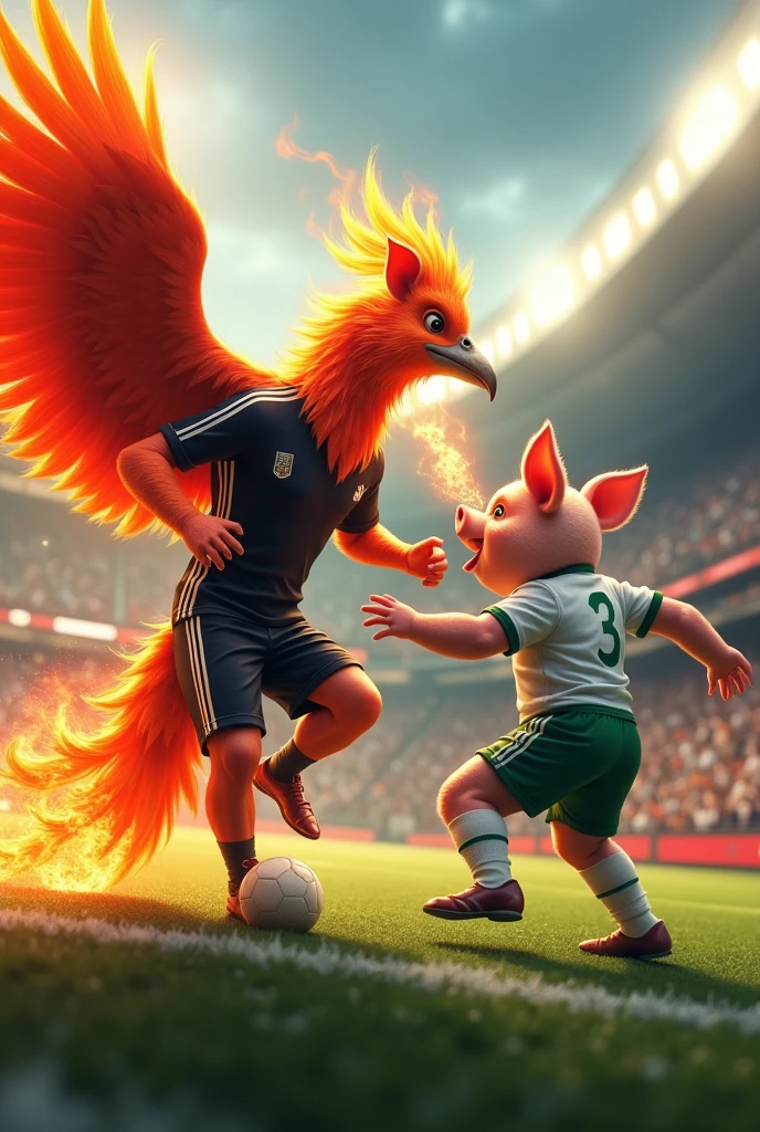 A phoenix wearing a black and white jersey breathing fire at a pig wearing a white and green jersey in a Football Stadium