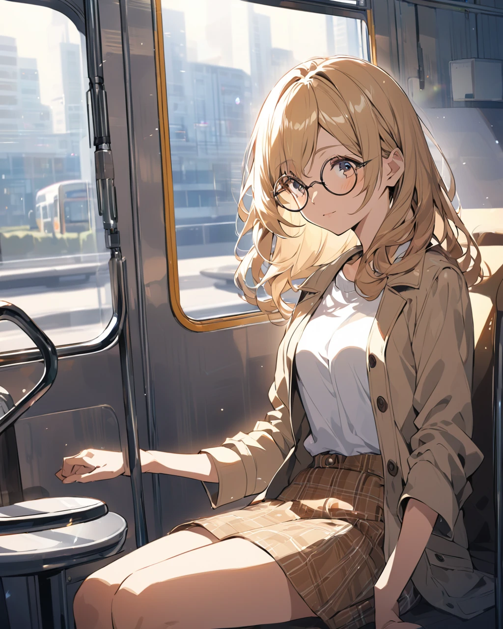 A detailed anime-style illustration of a young woman sitting on a bus seat. She has long, wavy blonde hair and is wearing round glasses. The woman is dressed in a casual outfit with a beige jacket, white t-shirt, and a short brown skirt. The bus interior is well-lit, with sunlight streaming through the large windows. The setting is urban with some blurred buildings and vehicles visible outside the window. The overall atmosphere is calm and reflective."