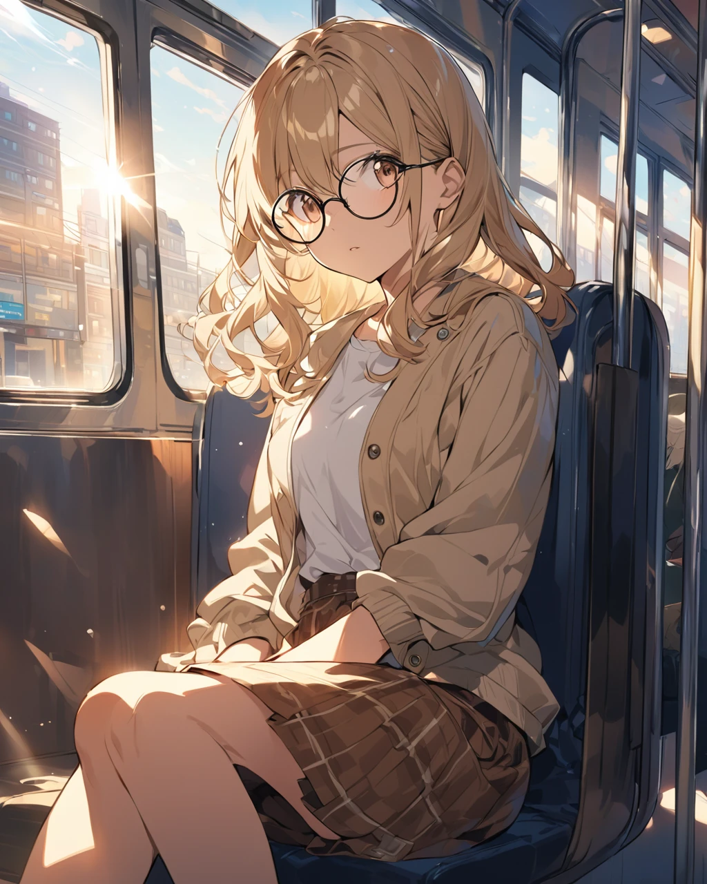 A detailed anime-style illustration of a young woman sitting on a bus seat. She has long, wavy blonde hair and is wearing round glasses. The woman is dressed in a casual outfit with a beige jacket, white t-shirt, and a short brown skirt. The bus interior is well-lit, with sunlight streaming through the large windows. The setting is urban with some blurred buildings and vehicles visible outside the window. The overall atmosphere is calm and reflective."