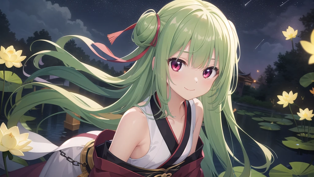 ((masterpiece)),(best quality),Official Art,Extremely detailed CG,Unity 8K wallpaper,Very detailed,Beautiful and delicate eyes,Extremely detailed face,1 girl,solitary,,(whole body:1.5),(small:1.3),Smile,,Murasame,Very long hair,Green Hair,Face Up,Purple bow,hairpin,Side chains,Bangs,Red Eyes,Neck strap,Red belt,Chinese elegant style,Long-sleeved white hanfu,Cut a piece of time,Slowly flowing into the moonlight, Slight fluctuations. Play a piece of fragrant lotus pond. Beautiful piano music falls beside me. Fireflies light up the night sky.