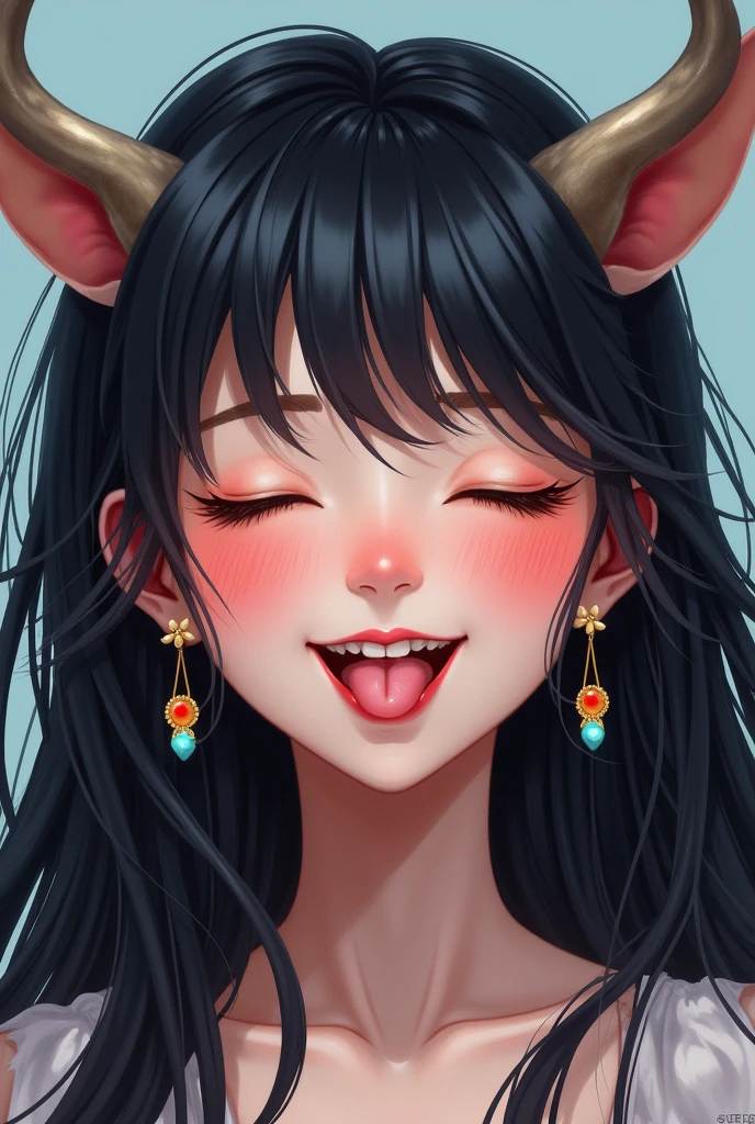 1 girl, blush, smile, black hair, very long hair, jewelry, closed eyes, horns, tongue out, 