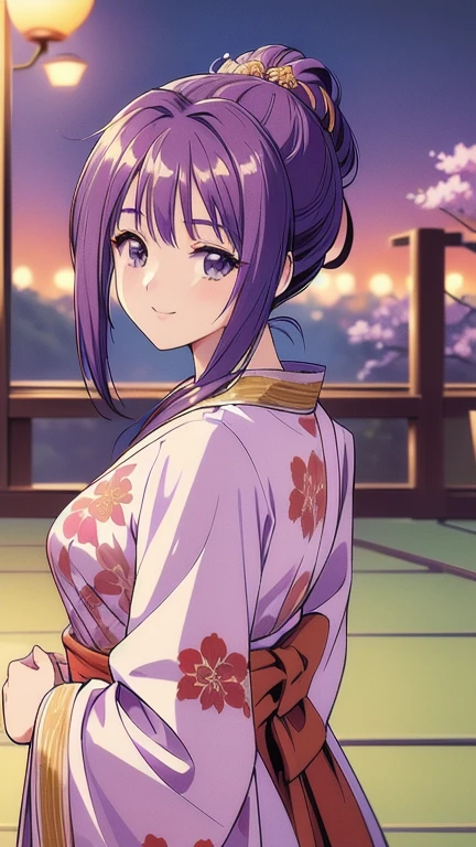 ((masterpiece, Highest quality, Highest quality, Official Art, beautifully、beautiful:1.2)),((masterpiece)),((Vibrant colors)),((Ayako Katagiri)),((A happy smile)),((kimono)),((looks fun)),,(Porch of the ryokan),(Shoulders exposed),(full moon),(Cherry Blossoms at Night),(2),(B Cup Bust),(sake)