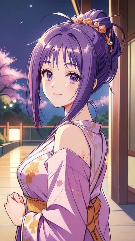 ((masterpiece, Highest quality, Highest quality, Official Art, beautifully、beautiful:1.2)),((masterpiece)),((Vibrant colors)),((Ayako Katagiri)),((A happy smile)),((kimono)),((looks fun)),,(Porch of the ryokan),(Shoulders exposed),(full moon),(Cherry Blossoms at Night),(2),(B Cup Bust),(sake)