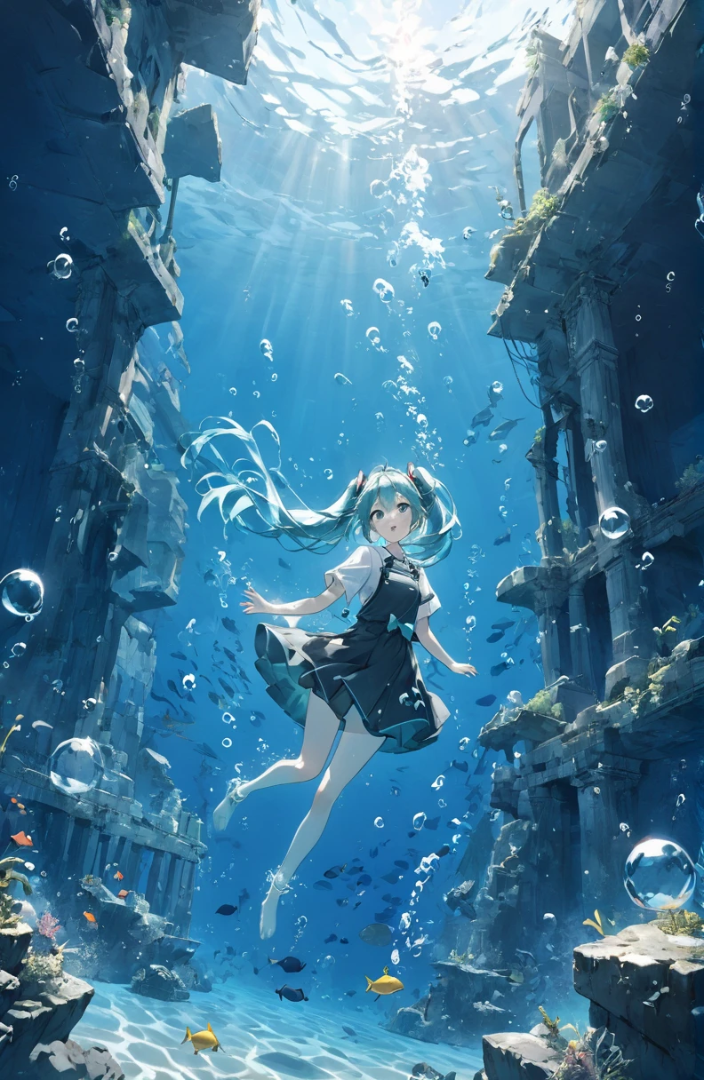 One beautiful girl、Hatsune Miku、超High resolution, High resolution,  4K, 8k,cute,In the history of the Earth１２Submerged ruins in the Pacific Ocean 100 million years ago　、Lost Ruins、Girl in the water、surrounded by bubbles、A world of deep blue、work in deep blue tones