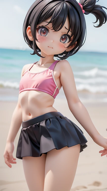 Swimwear、Girl、Girl、Mini character、Deformed character、Primary school students、small、sharp、Black Hair,、The forehead is visible、Forehead、