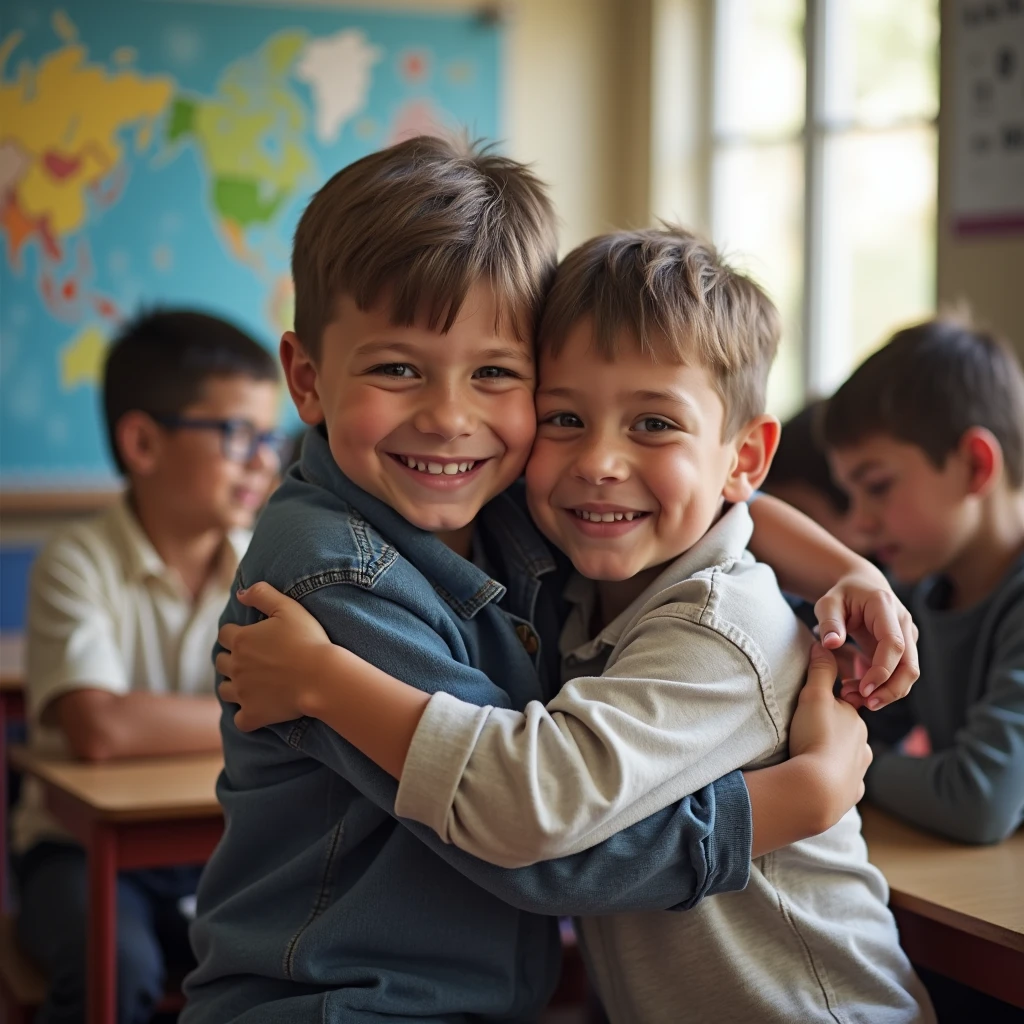 Boys sitting and standing hugging each other in classroom