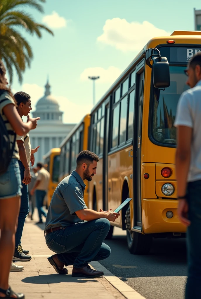 Create a queue of stopped buses with a system error and an IT technician trying to fix it and several people around demanding payment , with a characteristic in the center of Brasilia placing the Planalto Palace at the bus station of the pilot plan in Brazil, use the same image in the background buildings in Brazil, the technician with pc in hand trying to fix it. Written on the Pioneer bus the color of the bus is light yellow , image at the bus station the technician in gabi near the driver. realisitic , background with the bus queue
