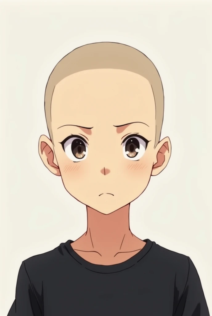 Create male character with black shirt, Naruto style, Caucasian skin, eyes browns , 正面, anime style image, cabelo pra 正面, front face, baldie, shaved head, more slanted eyes, young 20 years old, male eyes

