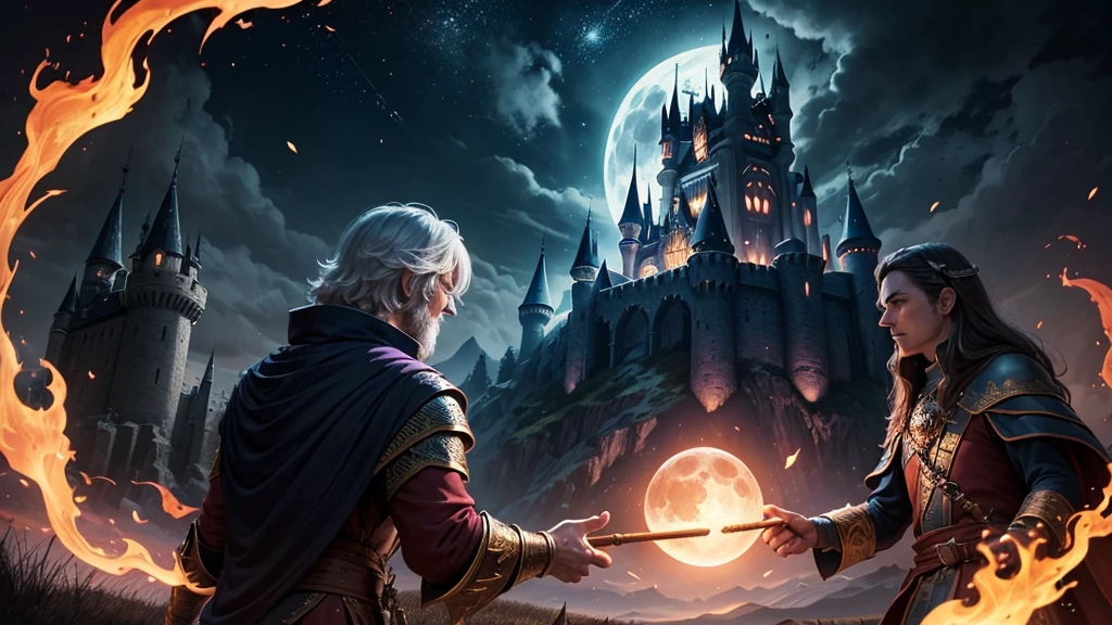 an image on a moonlit night, bright moon with a white hue, fire mage in the center of the image ,the wizard has a staff on the right side of his hand, the staff makes a ball of fire float, in his left hand the magician makes a fireball , the wizard is in a field , behind the wizard there is a castle ,this castle appears a little far from the wizard,  the wizard has purple and red clothes , the image really highlights the wizard on the field.