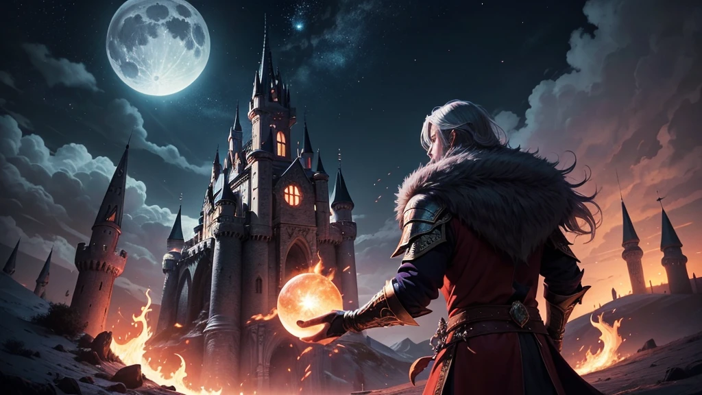 an image on a moonlit night, bright moon with a white hue, fire mage in the center of the image ,the wizard has a staff on the right side of his hand, the staff makes a ball of fire float, in his left hand the magician makes a fireball , the wizard is in a field , behind the wizard there is a castle ,this castle appears a little far from the wizard, the wizard has purple and red clothes , the image really highlights the wizard on the field.