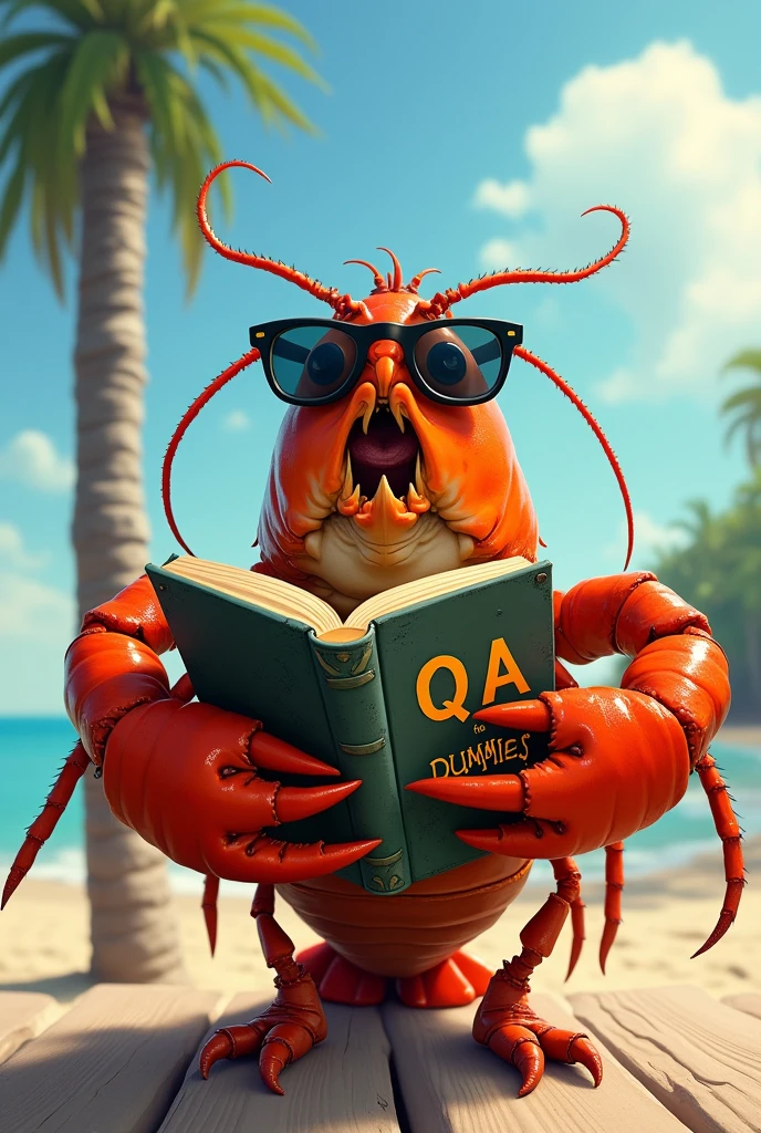 A tanned lobster with sunglasses that fit him. Et qui a un livre « QA for dummies »