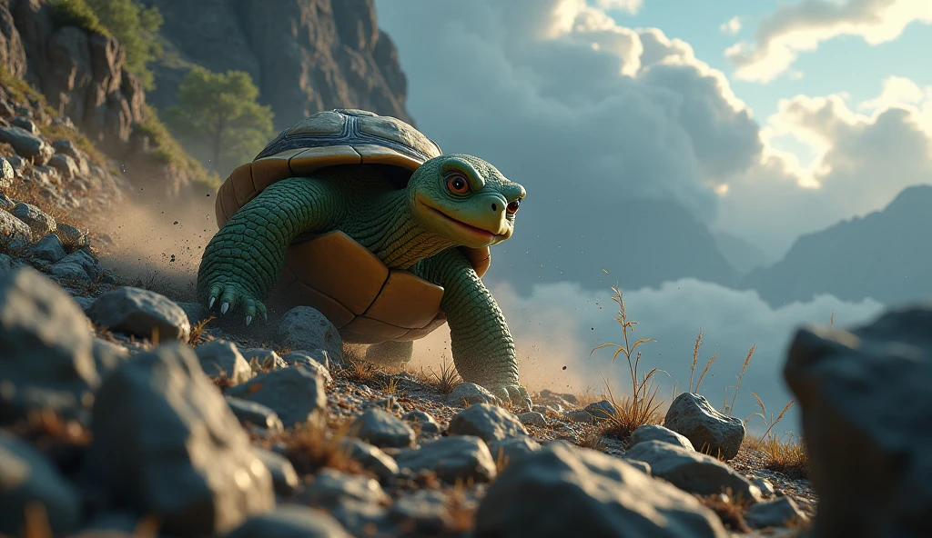 Description: "On a steep part of the mountain, teo, the turtle, it's falling, with one of the injured paws. Rocks are falling all around you, and his face expresses pain and determination. Clouds begin to gather in the sky, indicating the approach of a storm. The shadows are dramatic, with emphasis on the danger of the situation. The scenery is full of details: the sharp stones, the dust in the air, and the tone of the scene is somber, but still maintains the bright, detailed aesthetic of Disney Pixar-style 3D animation."