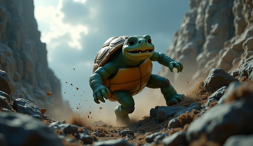 Description: "On a steep part of the mountain, teo, the turtle, it's falling, with one of the injured paws. Rocks are falling all around you, and his face expresses pain and determination. Clouds begin to gather in the sky, indicating the approach of a storm. The shadows are dramatic, with emphasis on the danger of the situation. The scenery is full of details: the sharp stones, the dust in the air, and the tone of the scene is somber, but still maintains the bright, detailed aesthetic of Disney Pixar-style 3D animation."