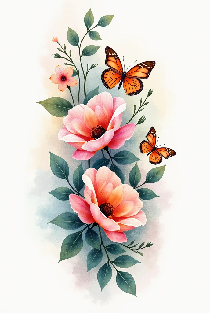 Tatoo em aquarela de flores com borboletas