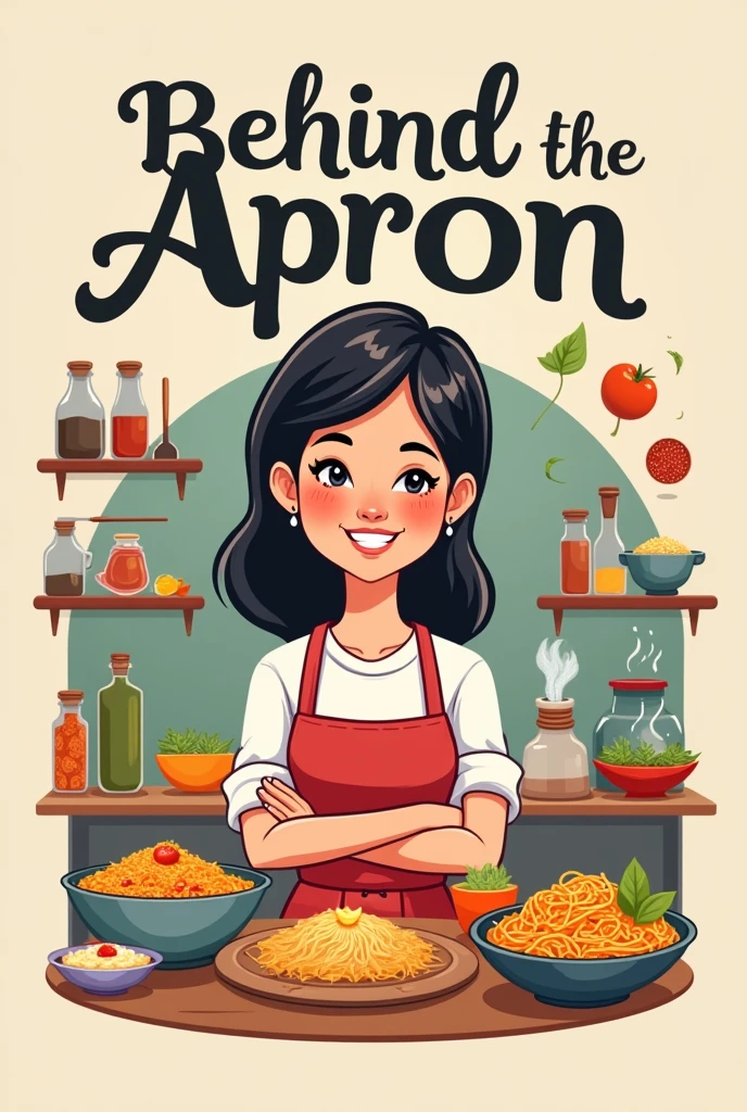 I wanna create a logo for my Instagram cooking blog called Behind The Apron. A cartoon of me, with fair skin and black hair, standing in front of a kitchen counter filled with cooking ingredients. You could be surrounded by pasta, biryani, noodles, etc…
I want it to say "Behind the Apron" in a bold font.