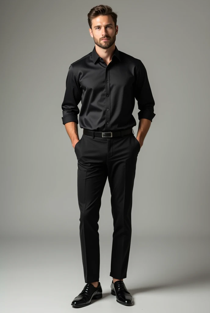 Man dressed in black half sleeve shirt with pull up, Black dress pants and black dress shoes 
