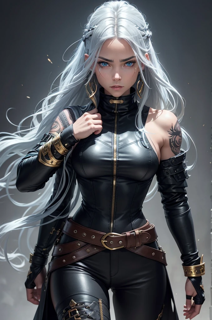 Strong female warrior with lean muscular build, ice blue eyes with gold flecks in them, long wavy silver hair with natural blue streaks, medium tan skin tone and elaborate tribal scars and tattoos on the body, long, flowing black leather coat with a high collar, fitted, black long-sleeved tunic which is cinched at the waist with a wide belt, black leather fingerless gauntlets, black slim fitting leather pants, black sturdy boots.