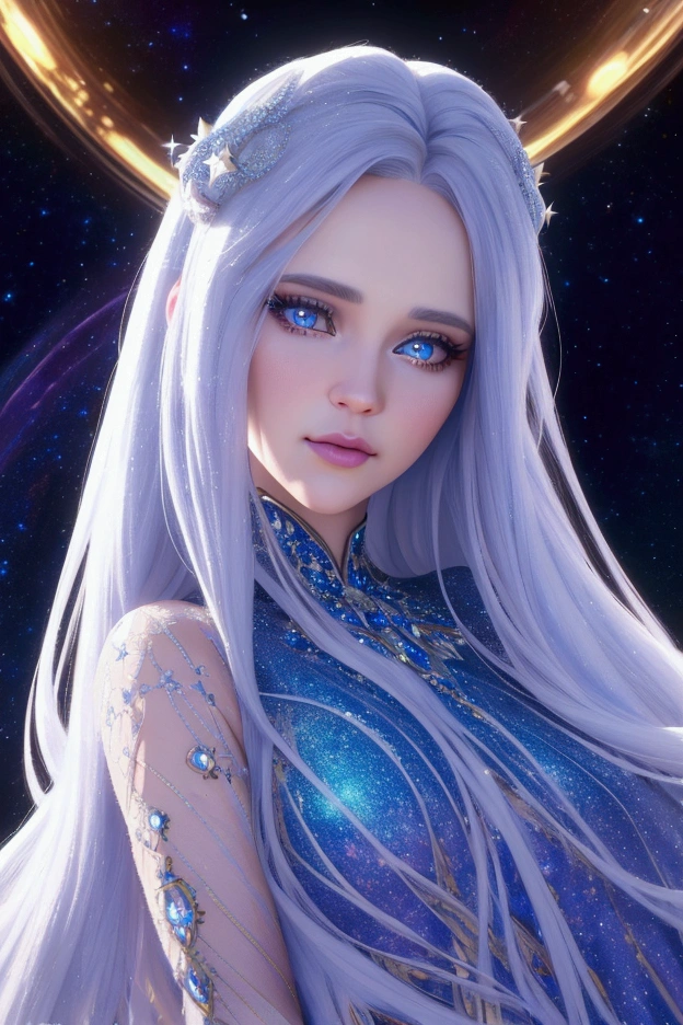 a beautiful detailed princess, long white hair, blue eyes reflecting the galaxy, wearing a short tight dress with designs of many stars and galaxies, (best quality,4k,8k,highres,masterpiece:1.2),ultra-detailed,(realistic,photorealistic,photo-realistic:1.37),highly detailed face, detailed eyes,detailed lips,extremely detailed face and features,long eyelashes,detailed dress,detailed galaxy and star patterns,fantasy,ethereal,glowing,shimmering,intricate details,vivid colors,dramatic lighting,cinematic