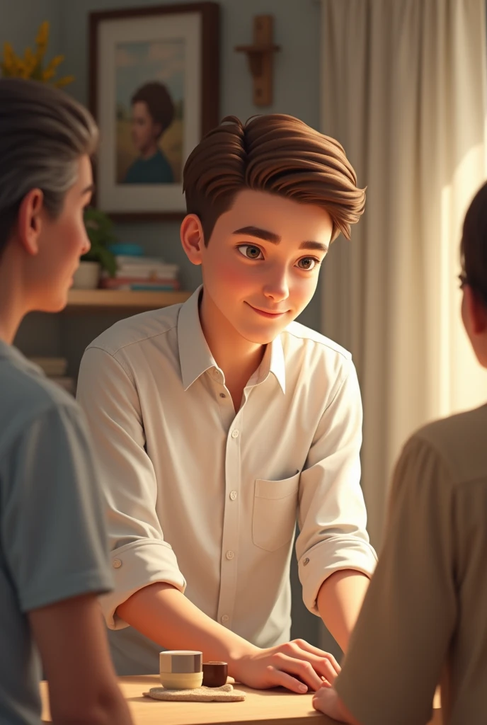 Young man with brown hair helping his parents at home and wearing a white dress