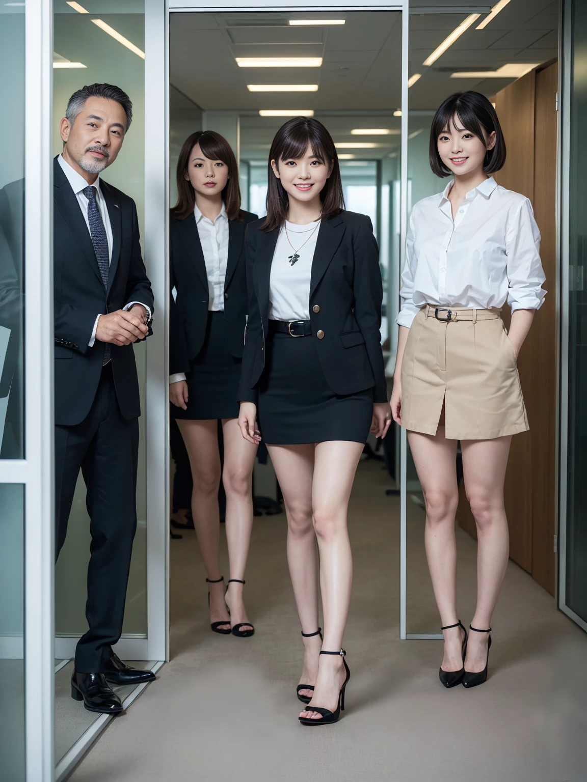 (Highest quality, masterpiece, Photorealistic, Super detailed, Ultra-high resolution, born:1.3), (Three people:1.3), beautiful, Japanese, mature, 2, office workers, (Short skirt),(stockings),(smile), (bangs), high waist, necklace, (office, indoor, Glass Room), (Long legs, High heels, whole body:1.2), (crowd)