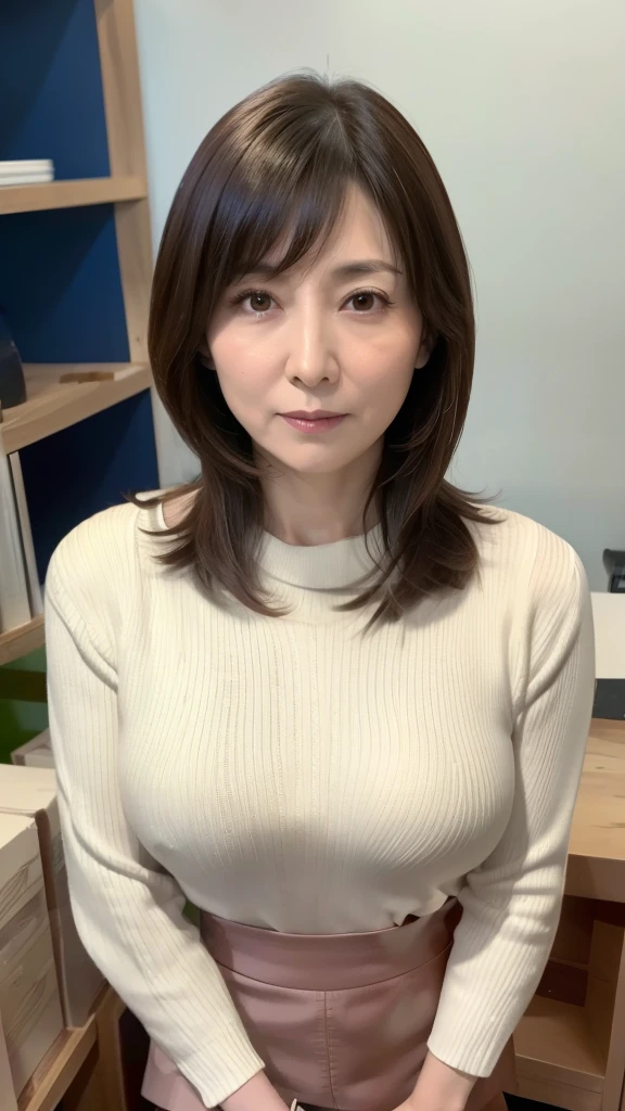 High resolution, High resolution, Attention to detail, masterpiece, Textured skin, Anatomically correct, sharp, ((Japanese Mature, 7)), alone, (Facial wrinkles), Shapely breasts, Brown long hair, bangs,(((Stand upright, facing the center.))),Look at the photographer, Open your mouth and stare straight ahead, White sweater, (Tight Skirt:1.3),(Sitting),(Thighs:1.1),Inside the warehouse,(Serious expression:1.2)