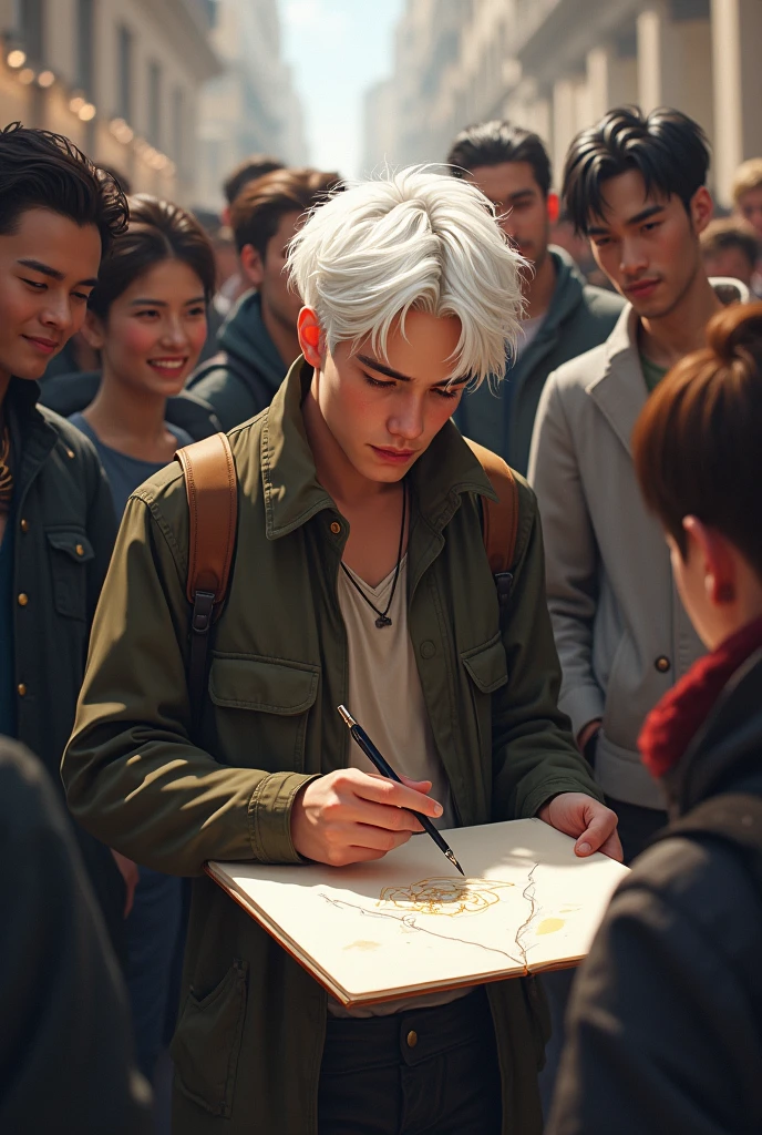 A nonchalant white haired young man drawing while being surrounded by people