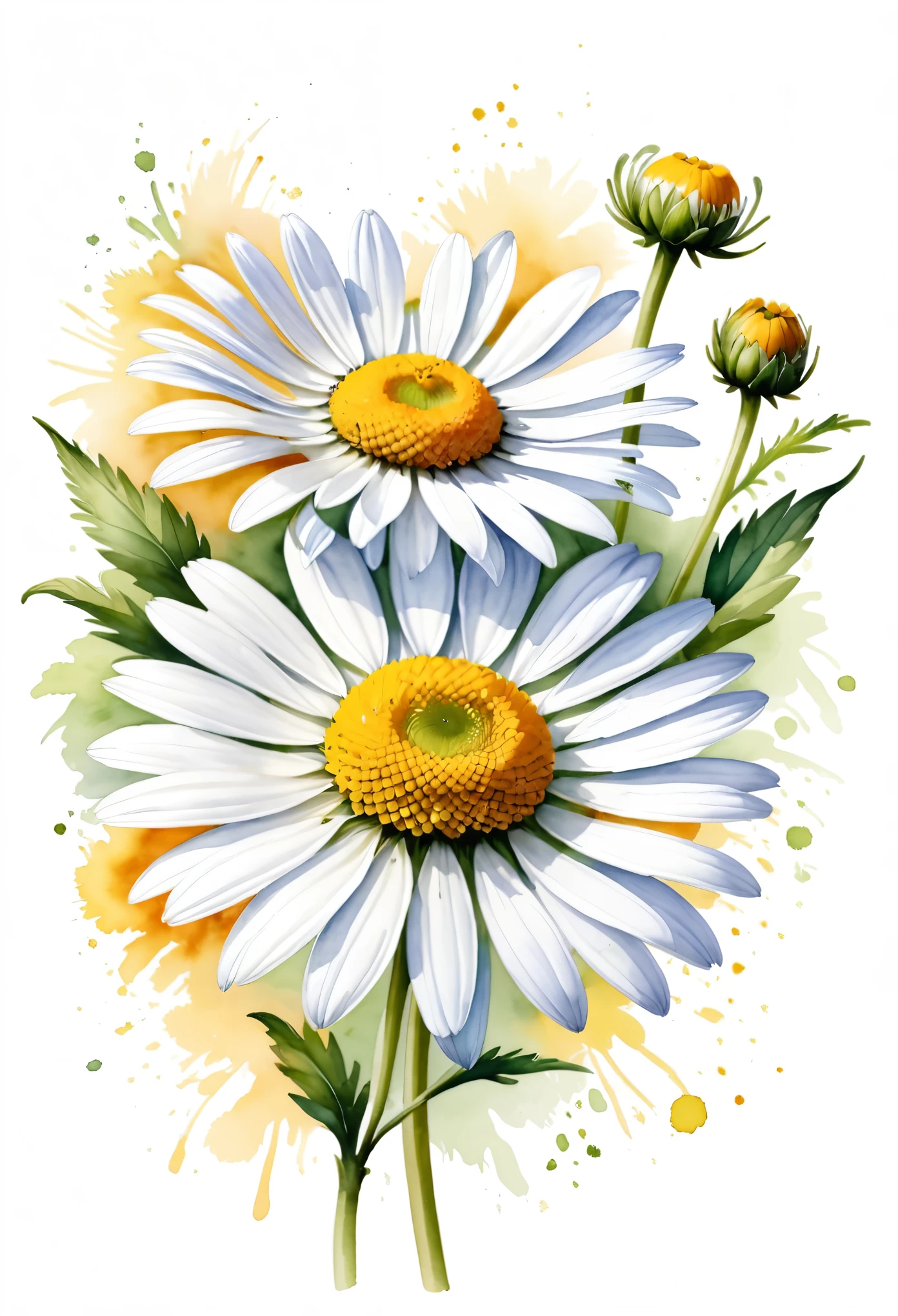 arte conceitual (ultrarrealista:1.3) Watercolor chamomile floral draw illustration on white background, pintura colorida em Aquarelaa, pintura colorida em Aquarelaa