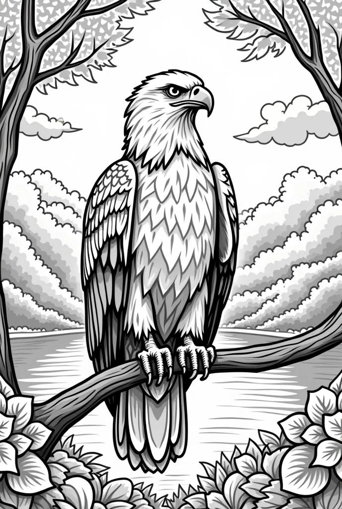 non-coloured, coloring pages for adults, an image of a Majestic eagle perched on a branch, surrounded by vibrant fall foliage, with a serene lake or river in the background, cartoon style, thick lines, low detail, black and white, no shading, no coloring