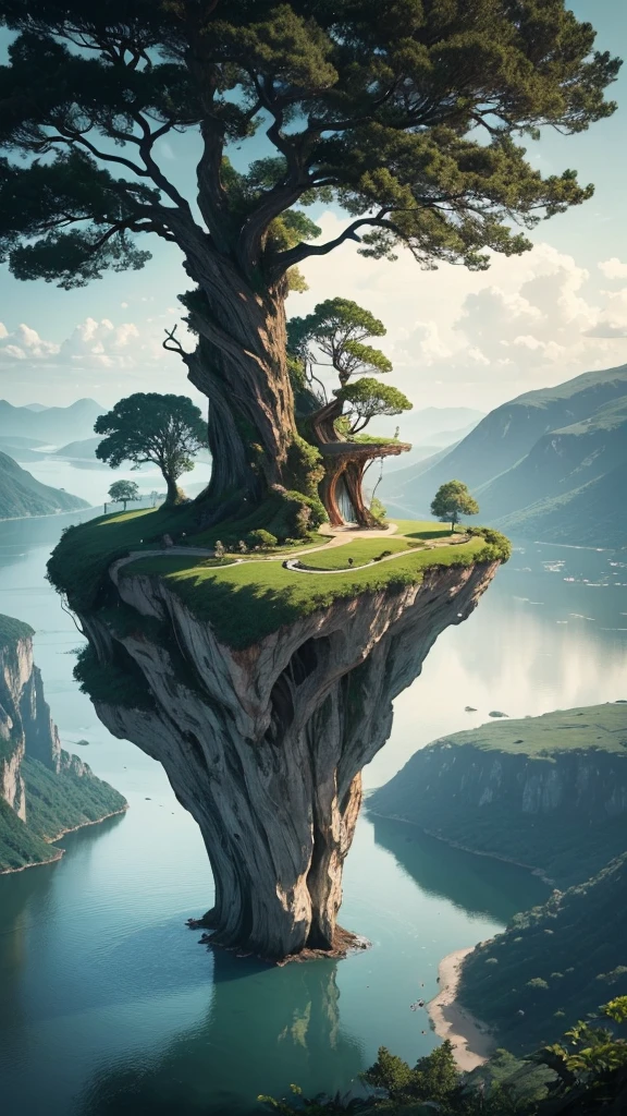 Create an image featuring a surreal landscape. In the center, there is a large, lush green tree with a dense canopy shaped like an umbrella. This tree is perched atop a curved, towering piece of land that resembles a broken tree trunk. Below the trunk piece, on the ground, there is a small wooden boat resting on what appears to be water or another reflective surface. Attached to the top of the curved land piece is a rope that extends downward. At the end of this rope, there is a figure climbing towards the tree. The background has a gradient of warm tones giving an overall dreamlike and serene atmosphere to the scene.