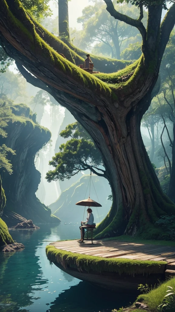 Create an image featuring a surreal landscape. In the center, there is a large, lush green tree with a dense canopy shaped like an umbrella. This tree is perched atop a curved, towering piece of land that resembles a broken tree trunk. Below the trunk piece, on the ground, there is a small wooden boat resting on what appears to be water or another reflective surface. Attached to the top of the curved land piece is a rope that extends downward. At the end of this rope, there is a figure climbing towards the tree. The background has a gradient of warm tones giving an overall dreamlike and serene atmosphere to the scene.