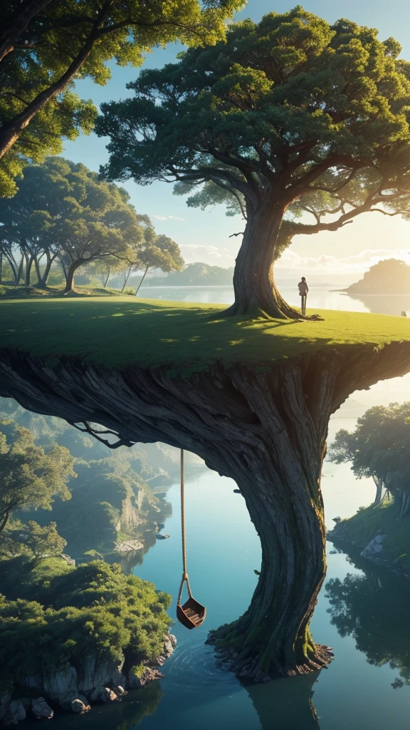 Create an image featuring a surreal landscape. In the center, there is a large, lush green tree with a dense canopy shaped like an umbrella. This tree is perched atop a curved, towering piece of land that resembles a broken tree trunk. Below the trunk piece, on the ground, there is a small wooden boat resting on what appears to be water or another reflective surface. Attached to the top of the curved land piece is a rope that extends downward. At the end of this rope, there is a figure climbing towards the tree. The background has a gradient of warm tones giving an overall dreamlike and serene atmosphere to the scene.