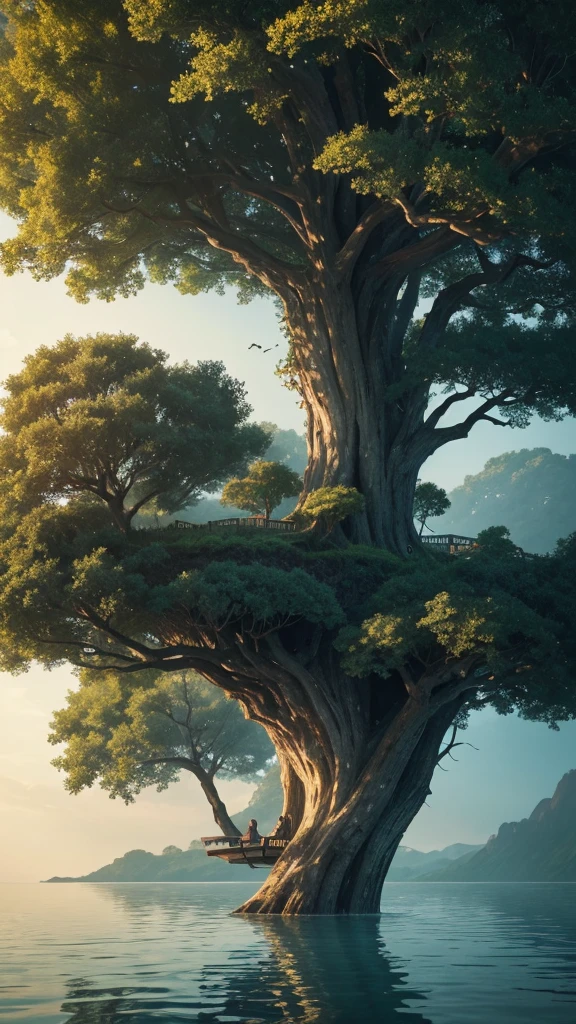 Create an image featuring a surreal landscape. In the center, there is a large, lush green tree with a dense canopy shaped like an umbrella. This tree is perched atop a curved, towering piece of land that resembles a broken tree trunk. Below the trunk piece, on the ground, there is a small wooden boat resting on what appears to be water or another reflective surface. Attached to the top of the curved land piece is a rope that extends downward. At the end of this rope, there is a figure climbing towards the tree. The background has a gradient of warm tones giving an overall dreamlike and serene atmosphere to the scene.