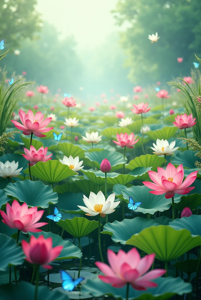 Lotus flower field and blue butterflies, rojas, greens