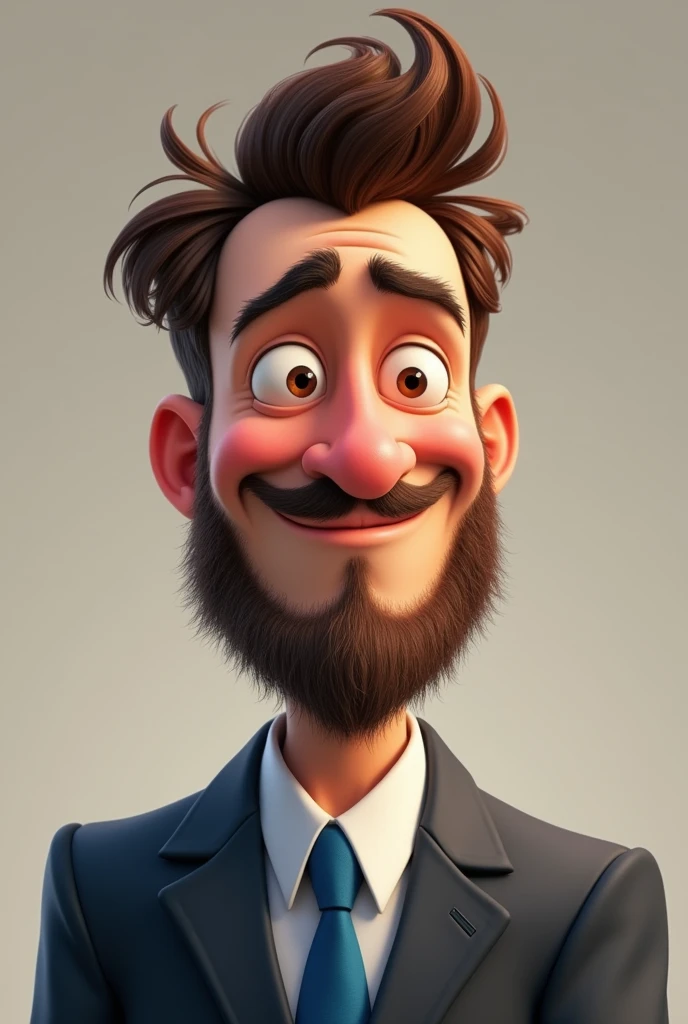 naughty man,Pixar-style , with business attire with blue detail, hair with a small tuft in brown color, Brown eyes , And with a beard .