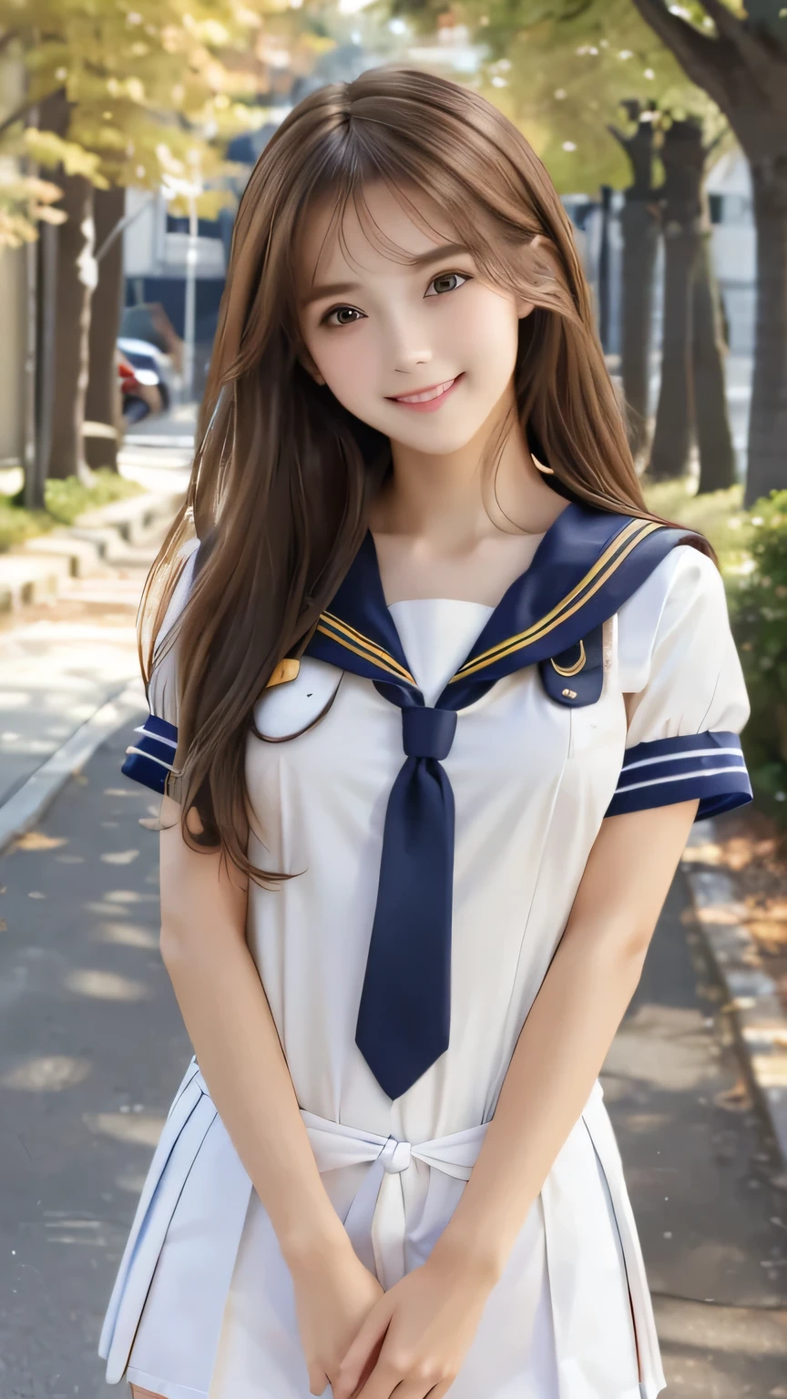 Non-NSFW、Real、(Highest quality), (masterpiece)、Ultra-high resolution、RAW Photos, (upper body), (Tree-lined street:1.5), Fantasy、Looking into the camera、alone、(elemental Sylph:1.1), Beautiful Spirit、Super Beauty, (immature:1.2), (16years-old:1.2)、Moisturized Skin、Perfect model body、Beautiful Eyes、Big eyes, (brown eyes:1.2)、Inconspicuous tear bags、slim、Beautiful fingers、Very long hair、highly saturated photos, clavicle, attractive,skinny, (smile:1.4), (Small breasts:1.1), (brown hair), (Waist-length hair:1.5), Small Ass, lips, (sailor uniform:1.5),(white denim pants:1.2),(red tie:1.2), (high heels:1.1), (Several poses:1.1)